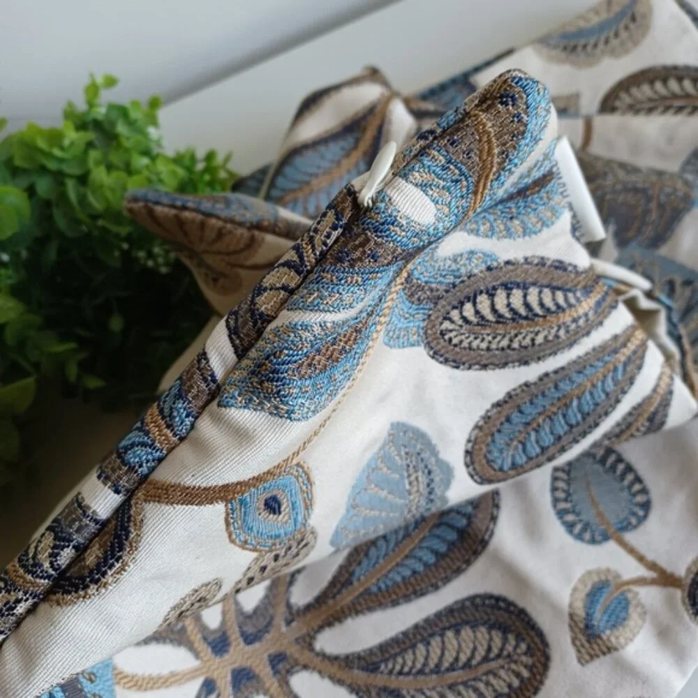 Set of 2 Jacquard Tropical Leaf Throw Pillow Covers | 20x20 | NWT | Blue & Cream